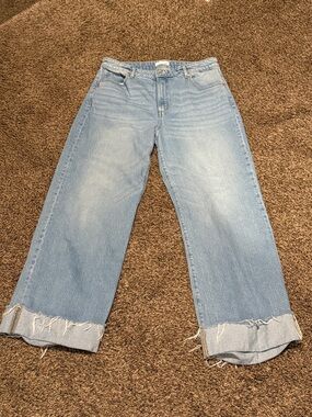 LOFT Light Blue Wide-Leg Cropped Jeans with Frayed Hem